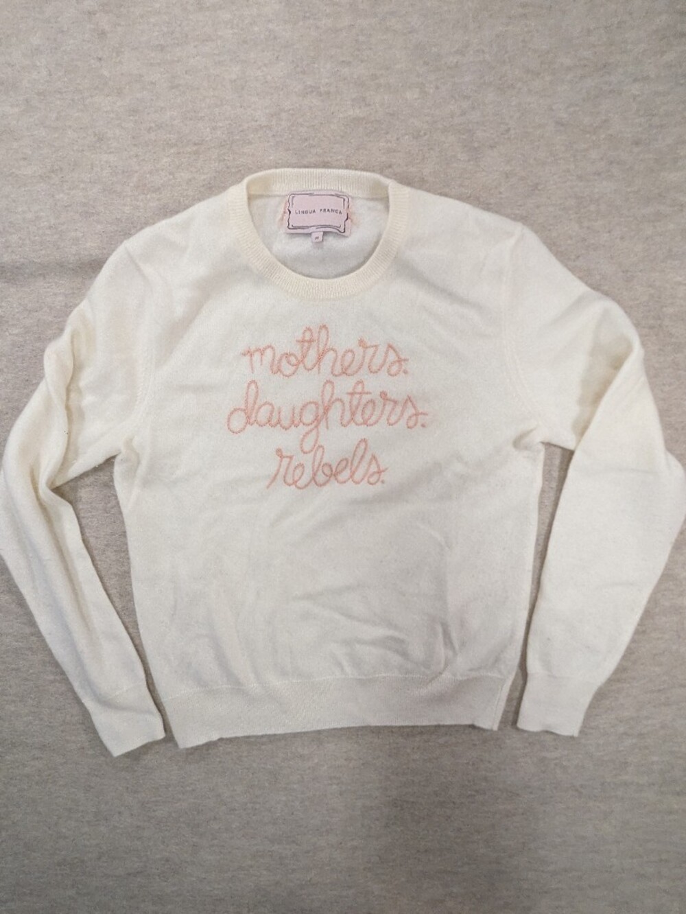 Lingua Franca Cashmere Cream Crewneck Sweater Pink Embroidery Mothers Rebels M